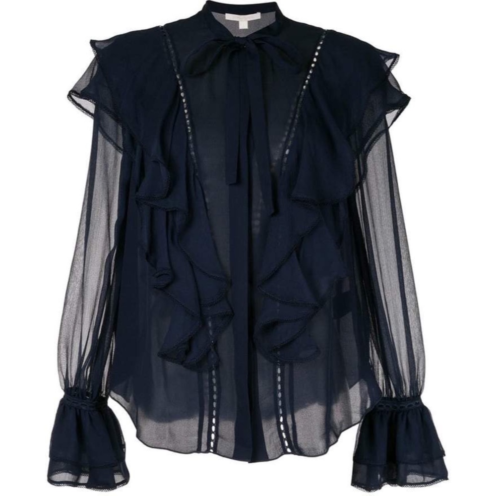 Jonathan Simkhai silk ruffle navy blouse